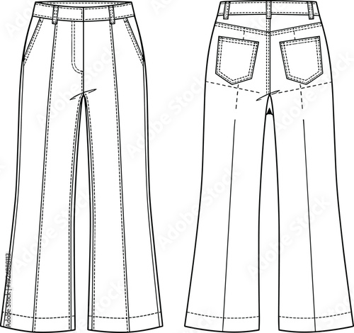 Technical fashion illustration of women’s pants design, front and back views, high waist, pockets, seams, garment construction, tailoring, sewing pattern