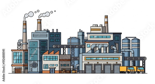 Industrial complex with factories and smokestacks emitting pollution into the air.