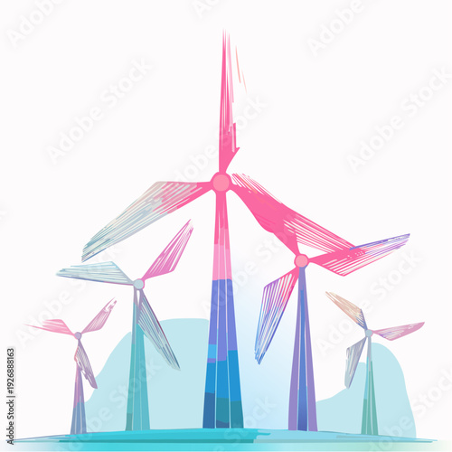Vibrant artistic illustration of a wind farm representing sustainable and renewable energy concepts