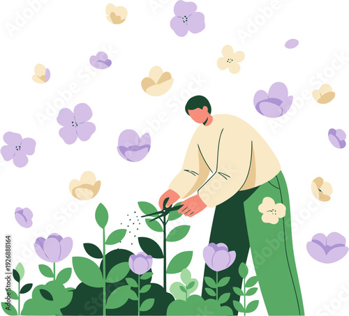 A person diligently prunes garden plants with shears, surrounded by whimsical floating flowers, embodying the thoughtful care and rewarding essence of nurturing nature