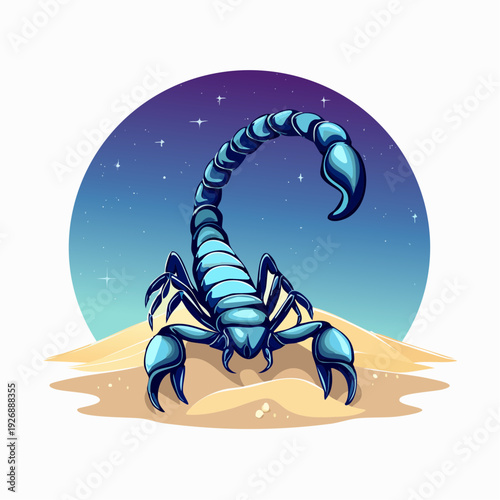 Stylized blue scorpion representing the Scorpio zodiac sign in the desert at night