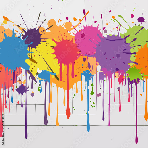 Bright paint splashes and messy drips creating an artistic graffiti effect on a brick wall