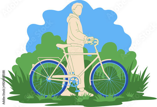 Man with Bicycle in a Lush Green Park on a Sunny Day