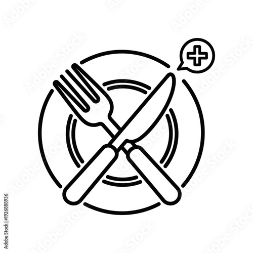 No eating sign with crossed fork and knife minimalist black white icon vector illustration