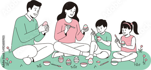 Family decorating Easter eggs on a grassy lawn, a happy and heartwarming spring celebration illustration