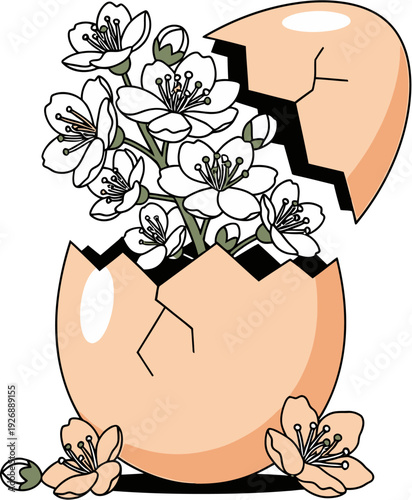 Delicate white cherry blossoms bloom gracefully from a cracked pastel eggshell, vividly symbolizing the promise of new life, renewal, and the vibrant beauty of spring's fresh beginnings