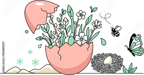 A vibrant conceptual illustration of spring's rebirth, depicting new life blossoming from a cracked egg, surrounded by delicate flora, a nest, and flying pollinators