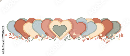 Heart shaped cookies horizontal border. Sweet baking and romance concept with floral details. Vector illustration