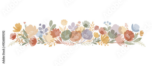 Pastel wildflower border with leaves and blossoms. Floral meadow decoration for invitations. Vector illustration