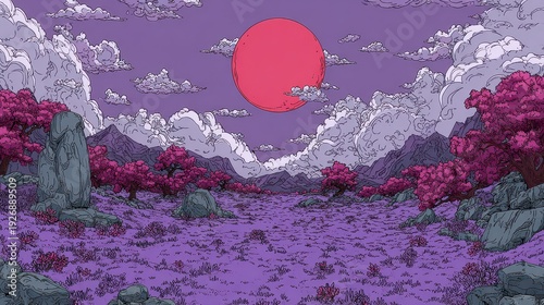Pixel Art Landscape of Lavender Field with Pink Trees and Silhouetted Mountains Under a Red Sun and Cloudy Violet Sky Serene Nature Scene