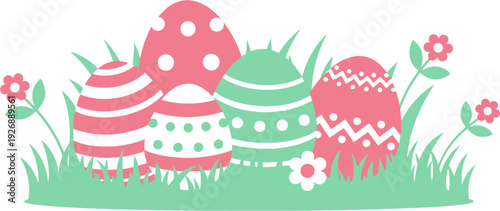 Colorful Easter eggs with varied patterns nestled in vibrant green grass, adorned with delicate flowers, symbolizing spring festivities and joyful celebrations for the holiday season