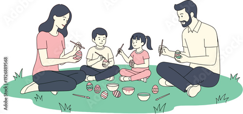Joyful family spending quality time together on a sunny spring day, sitting on green grass and creatively painting colorful Easter eggs, celebrating the holiday spirit and traditions