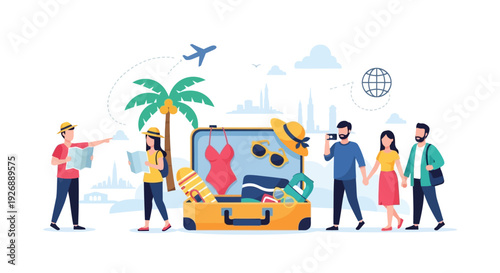 People Packing Suitcase for Tropical Vacation Adventure.