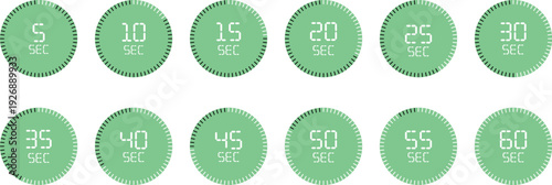 A modern collection of green circular digital timers displaying seconds from five to sixty