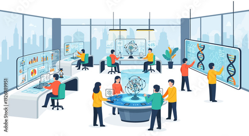 Scientists Collaborating in a Modern Futuristic Laboratory.