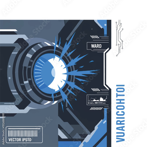 Abstract Futuristic Digital Eye Interface with Glowing Blue Light Flares and Data Analysis Graphs Technological Scanning Concept