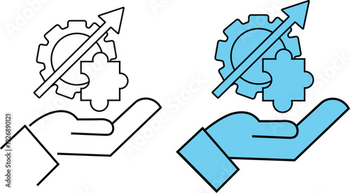 Contrasting hands holding gears with arrows
