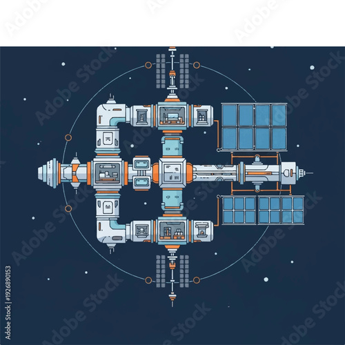 Futuristic Modular Space Station Design with Solar Panels and Connecting Modules in Orbit Against a Dark Starry Sky