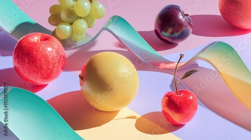 Fresh fruit composition with colorful abstract waves