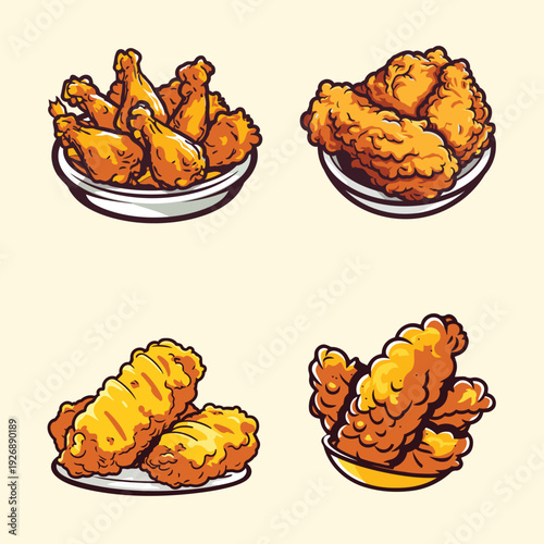 Delicious assortment of crispy fried chicken pieces in four different serving styles, modern professional environment, professional industry concept