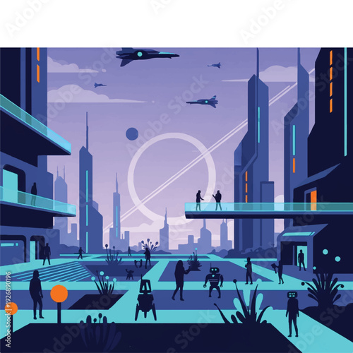 Futuristic Cityscape with Flying Vehicles and Futuristic Architecture Under a Pastel Sky with Rings Featuring Silhouetted People and Robots Interacting