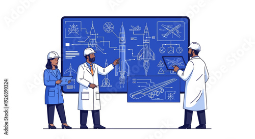 Scientists Discussing Rocket Blueprint on Large Screen.