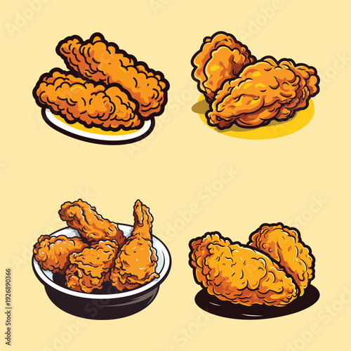 Delicious assortment of golden fried chicken pieces displayed on plates and bowls, modern professional environment, professional industry concept