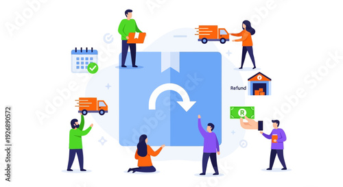 E-commerce Product Return and Refund Process Illustration. Online Shopping Customer Service, Exchange Policy, and Logistics System Concept.