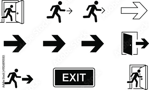 Exit Sign and Emergency Evacuation Icons Set Featuring Running Man Arrow Direction and Door Symbols for Safety Guidance Design