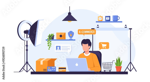 Online Store Management: Digital entrepreneur running e-commerce business from home, surrounded by products, laptop, and studio lighting for content creation.