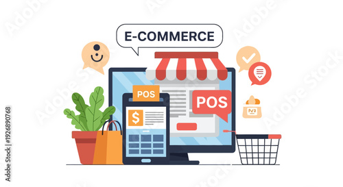 E-commerce Online Shopping & Mobile POS Systems Flat Vector Illustration with Digital Payment Concepts