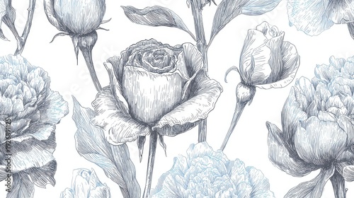 Monochrome Stippled Floral Pattern on White Background in Blue and Gray Shades Stippling Technique for Artistic Effect and Unique Texture