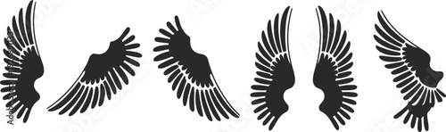 Black and white silhouette of a face with wings in various styles and orientations