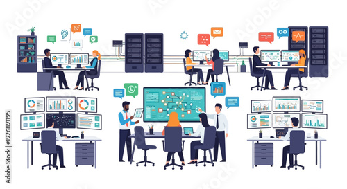 People working in a modern technology data center office environment.