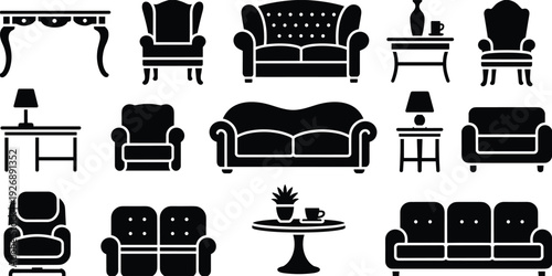 Collection of black and white furniture including sofas, chairs, tables, and lamps