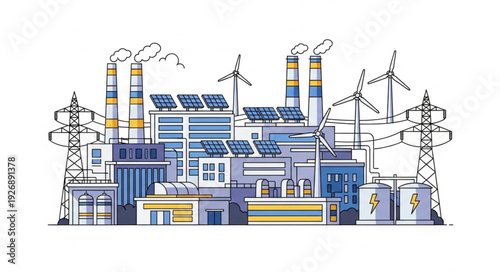 Sustainable energy production plant showcasing solar panels and wind turbines.