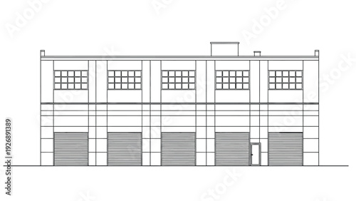 Architectural line drawing of a two-story building with large grid windows and five garage-style doors on the ground floor, suggesting an industrial design.