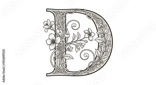 Ornate floral alphabet letter D illustration.