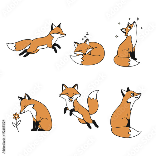 Cute Red Fox Character Set in Various Poses Running Sleeping Sitting and Smelling Flower Cartoon Animal Vector Illustration Isolated on White