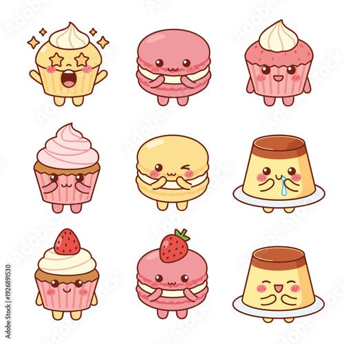 Kawaii Sweet Dessert Character Collection Featuring Cupcakes Macarons and Pudding with Cute Facial Expressions and Strawberry Topping Vector