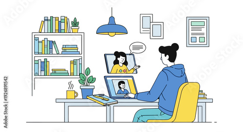 Person attending online class from home office setup.