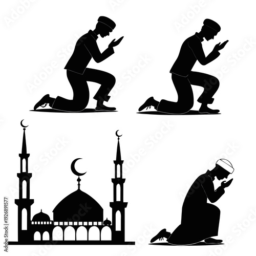 Silhouette of muslim man praying and mosque Vector