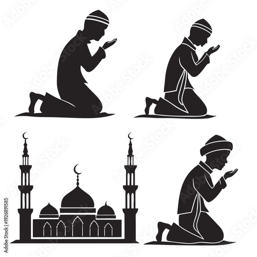 Silhouette of muslim men praying and a mosque Vector