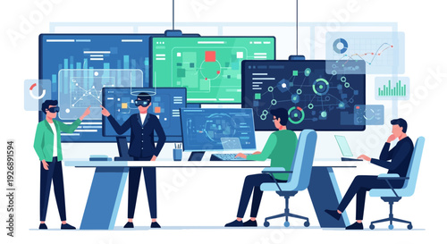 Team Collaborating in a Modern Virtual Reality Technology Office.