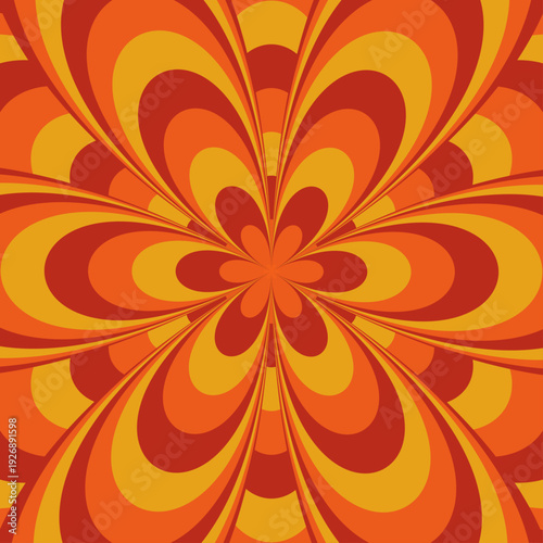 Psychedelic retro pattern in Y2K style. Repeating groovy background with orange flowers in a trendy 1980s design. Cute hippie vector illustration in terracotta tones.