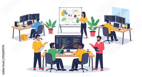 Team Collaboration in Modern Tech Office Environment.