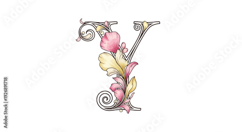 Decorative floral alphabet letter with pink flowers and swirls.