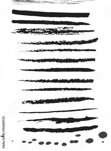 Black brush strokes and ink splatters on white background textures