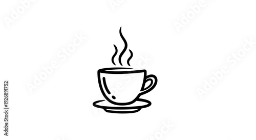 Simple line drawing of a steaming cup of coffee or tea on a saucer.