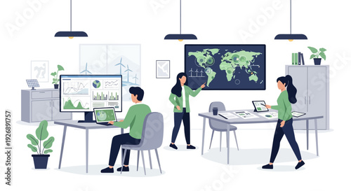 Team collaborating in modern office analyzing global data.